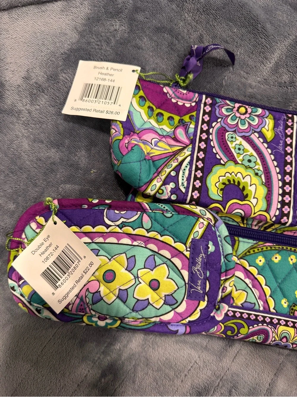 Vera Bradley Purple Teal Paisley Quilted 4 PIECE Set;2 pieces still have tags.